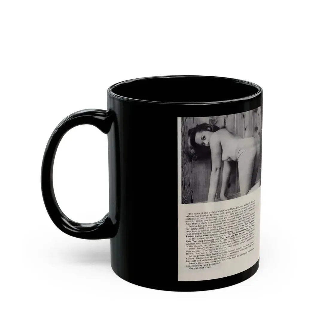 Dawn Richard #85 - [Pages 42 & 43] Including Pages 3 & 4 of 5 with, 3 B&W Photos, Article & Captions from Mermaid Mag. Vol. 1 No. 3 '58 (Vintage Female Icon) Black Coffee Mug - Go Mug Yourself