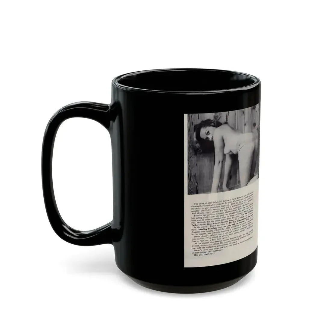 Dawn Richard #85 - [Pages 42 & 43] Including Pages 3 & 4 of 5 with, 3 B&W Photos, Article & Captions from Mermaid Mag. Vol. 1 No. 3 '58 (Vintage Female Icon) Black Coffee Mug - Go Mug Yourself