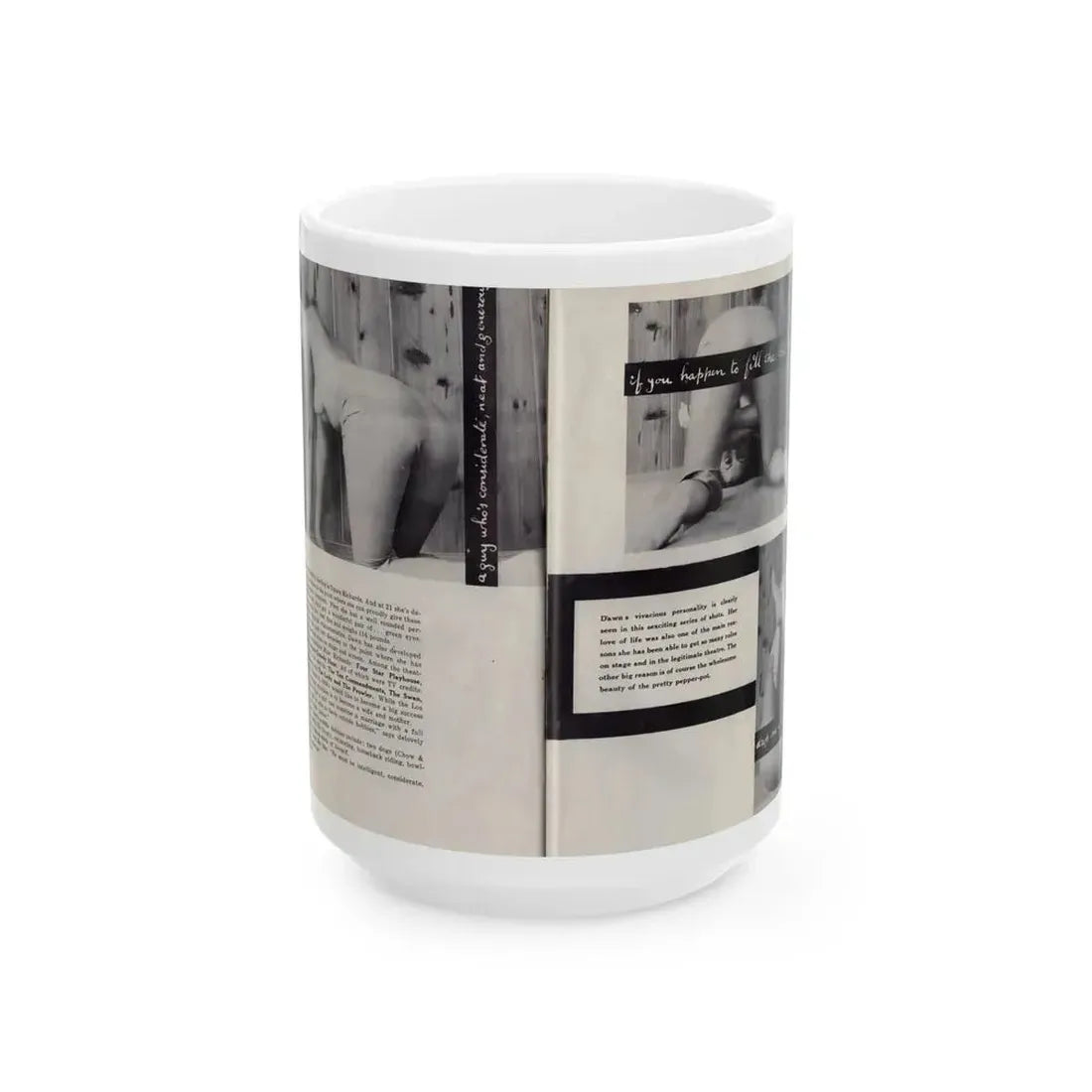 Dawn Richard #85 - [Pages 42 & 43] Including Pages 3 & 4 of 5 with, 3 B&W Photos, Article & Captions from Mermaid Mag. Vol. 1 No. 3 '58 (Vintage Female Icon) White Coffee Mug 15oz - Go Mug Yourself