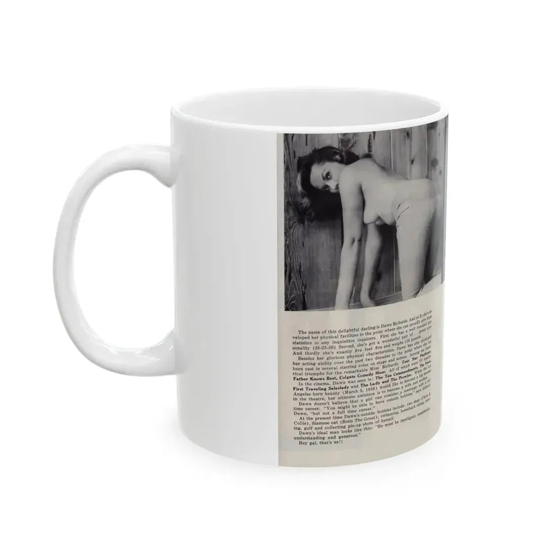 Dawn Richard #85 - [Pages 42 & 43] Including Pages 3 & 4 of 5 with, 3 B&W Photos, Article & Captions from Mermaid Mag. Vol. 1 No. 3 '58 (Vintage Female Icon) White Coffee Mug - Go Mug Yourself