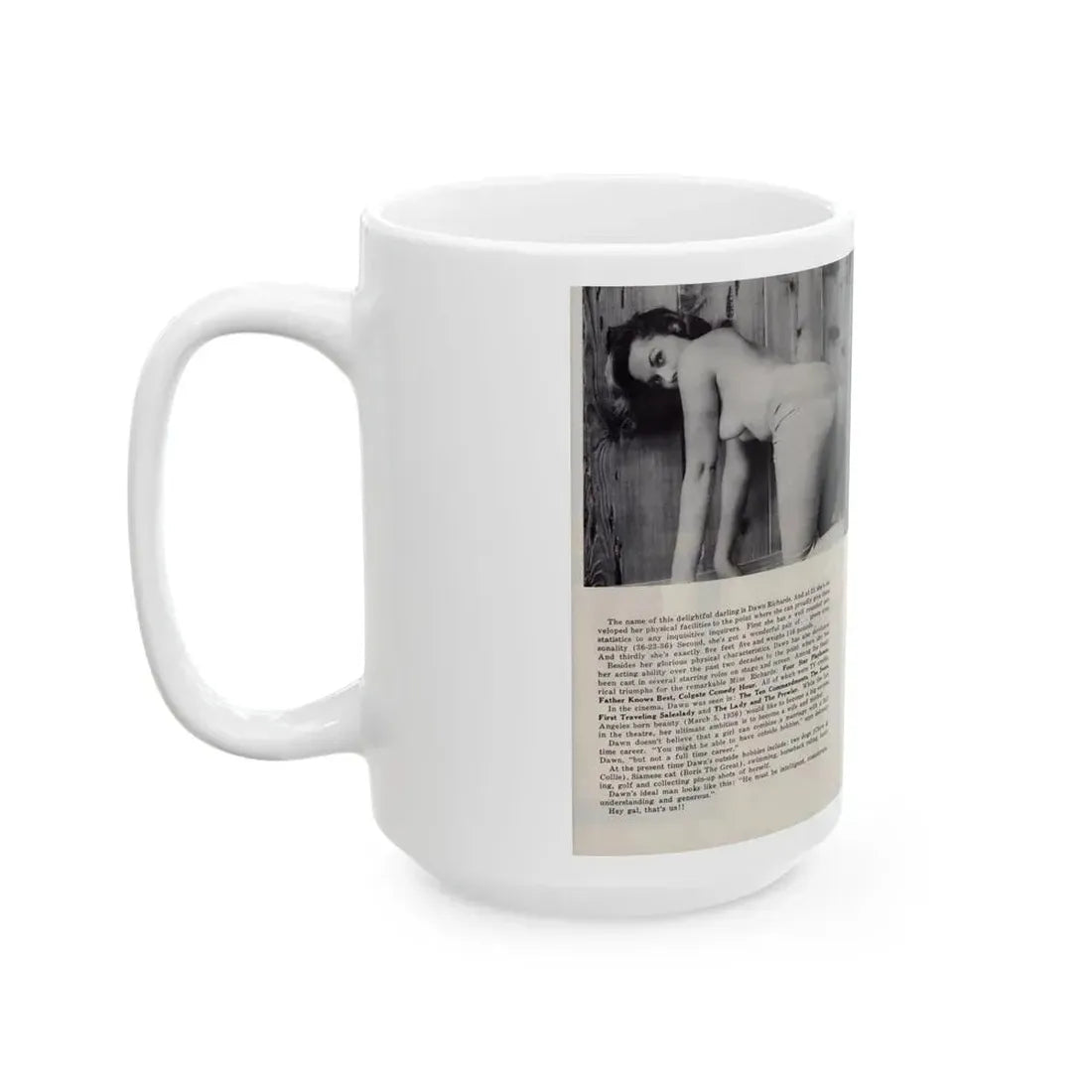 Dawn Richard #85 - [Pages 42 & 43] Including Pages 3 & 4 of 5 with, 3 B&W Photos, Article & Captions from Mermaid Mag. Vol. 1 No. 3 '58 (Vintage Female Icon) White Coffee Mug - Go Mug Yourself