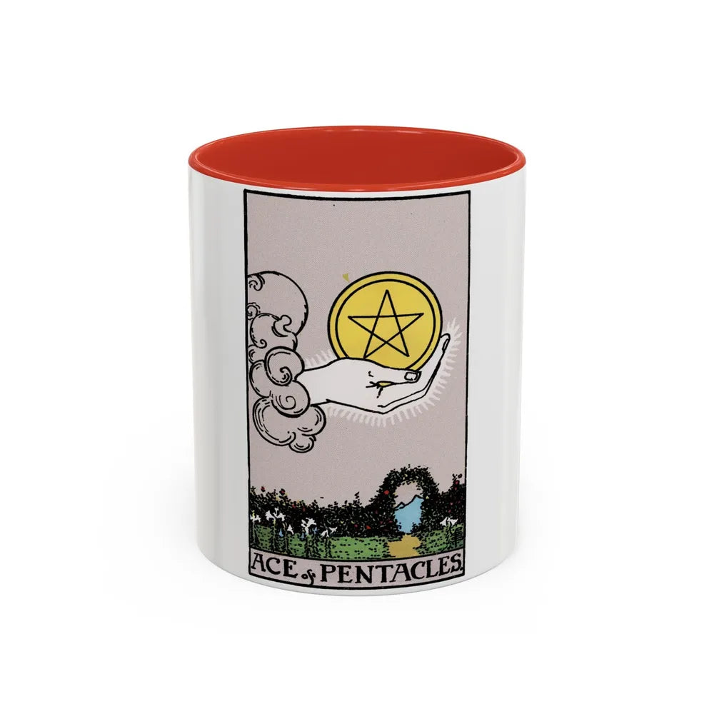 The Ace of p of Pentacles (Tarot Card) Accent Coffee Mug-11oz-Red-Go Mug Yourself