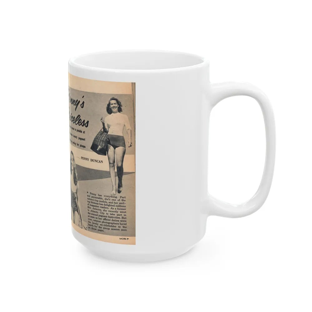 Penny Duncan #64 - [Pages 74 & 75] Pages 1 & 2 of 7 Featuring, Penny+3 B&W Photos, Headline & Caption on from BRIEF Digest Mag. Jan. '55 (Vintage Female Icon) White Coffee Mug-Go Mug Yourself