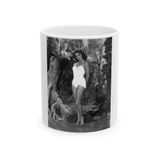 Julia Adams #177 - 8x10 B&W Full Body 1-Piece Swimsuit Promo Photo for Creature From The Black Lagoon '54 (Vintage Female Icon) White Coffee Mug-11oz-Go Mug Yourself