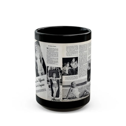 Virginia Mayo #290 - 2 Pages of Virginia+3 B&W Pin-Up Pics & 2 Candid Shots circa late 40's from a Movie Star Magazine (Vintage Female Icon) Black Coffee Mug-15oz-Go Mug Yourself