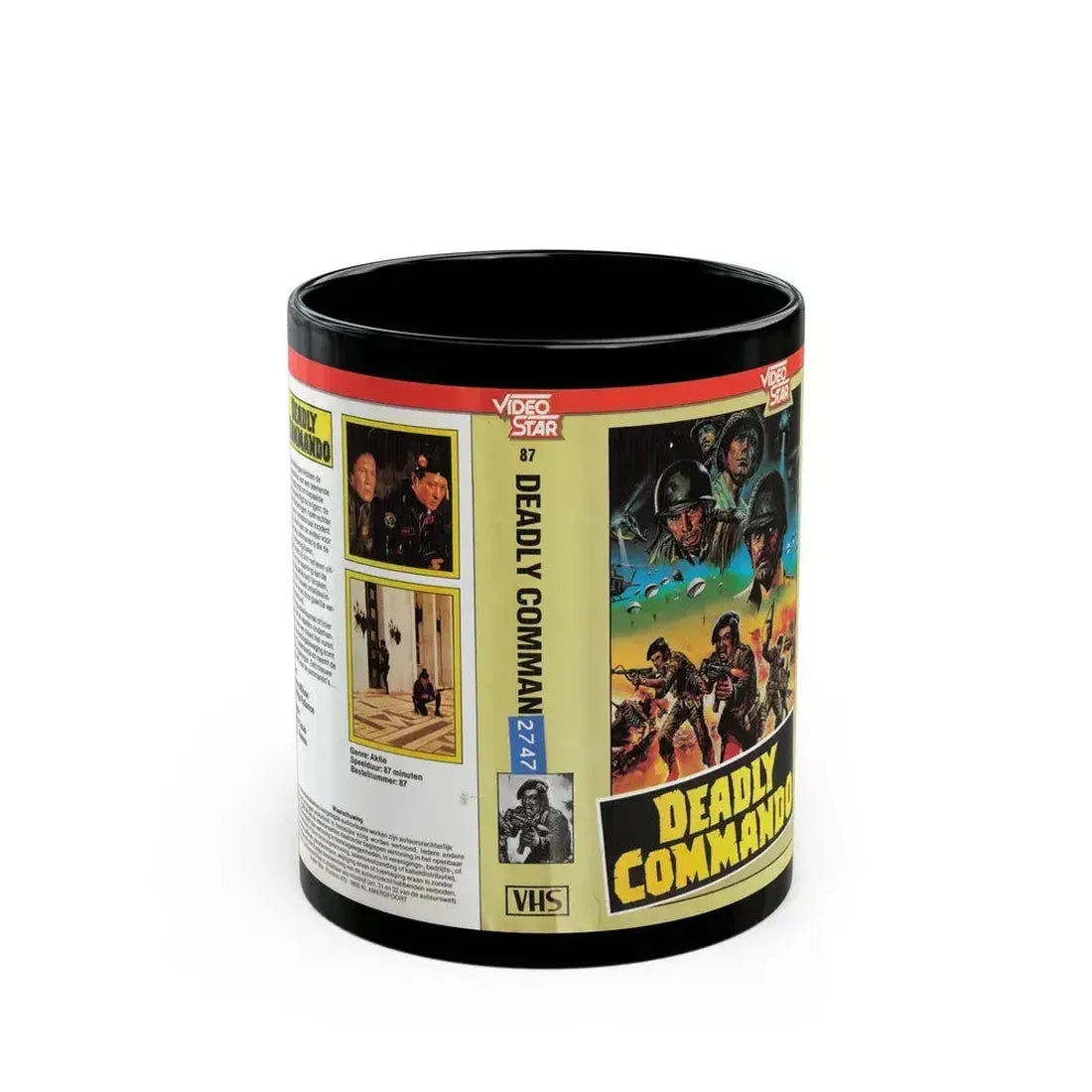 DEADLY COMMANDO (VHS COVER) - Black Coffee Mug 11oz - Go Mug Yourself