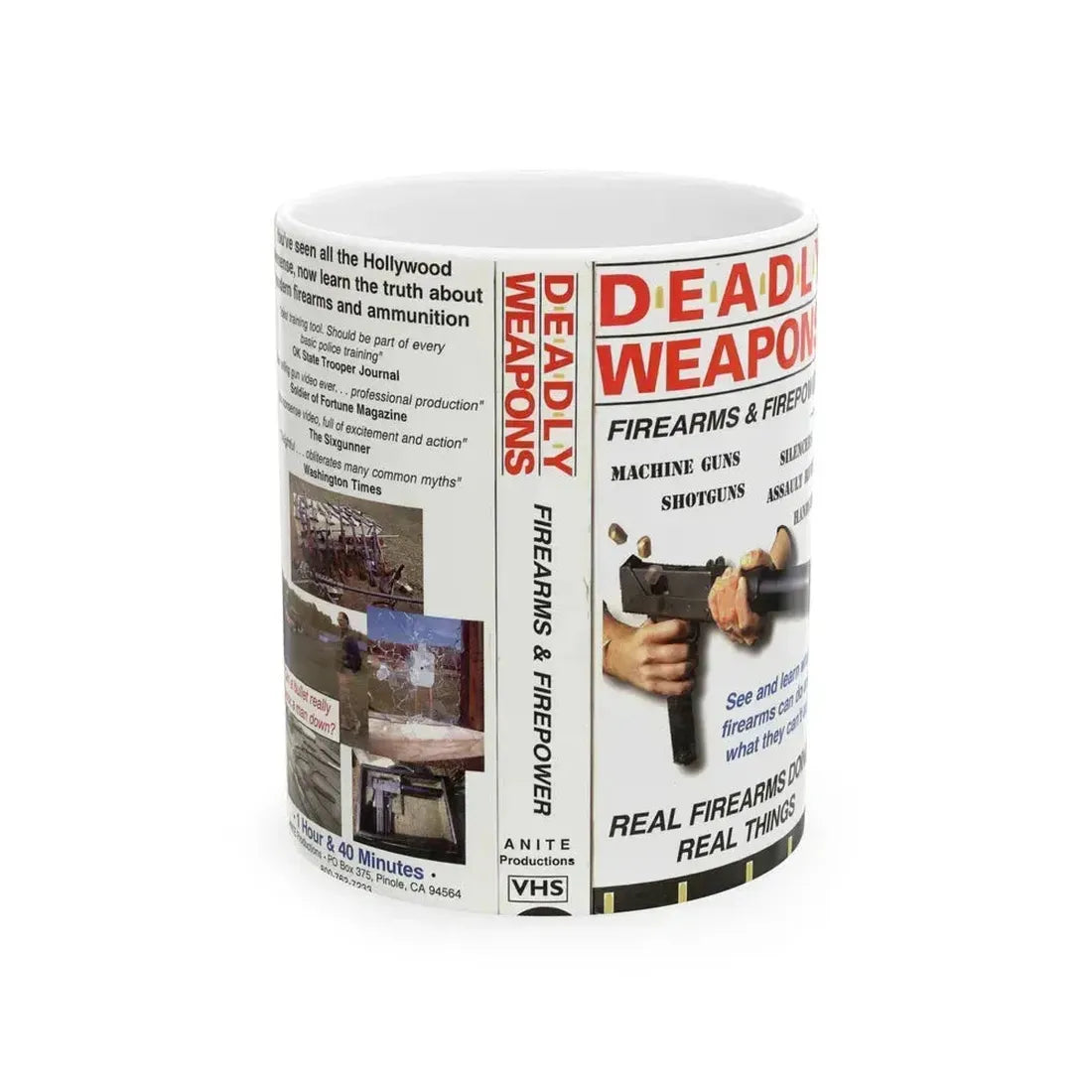 DEADLY WEAPONS FIREARMS AND FIREPOWER (VHS COVER) - White Coffee Mug 11oz - Go Mug Yourself