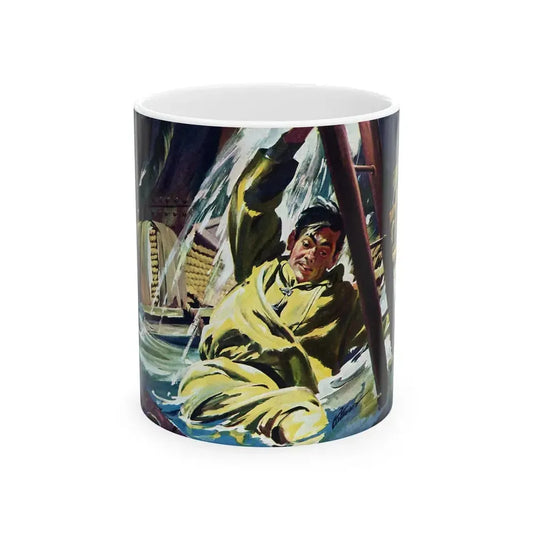Death Below Decks by Brian Cleeve, The Saturday Evening Post, 1957 - White Coffee Mug 11oz - Go Mug Yourself