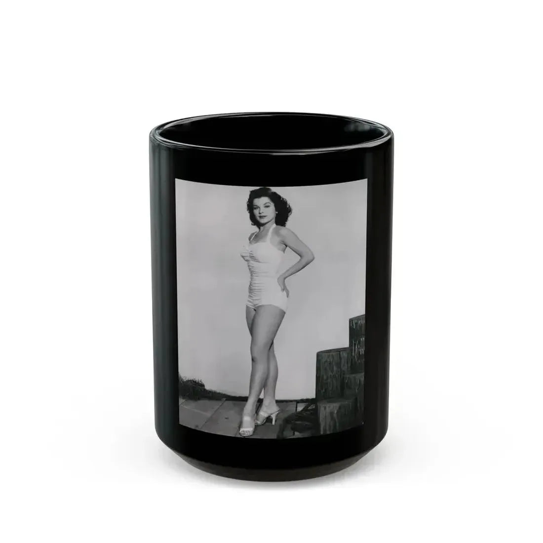 Debra Paget #264 - 8x10 Full Body 1-Piece White Swimsuit Cheesecake Photo Re-Strike from Mid 50's (Vintage Female Icon) Black Coffee Mug 15oz - Go Mug Yourself