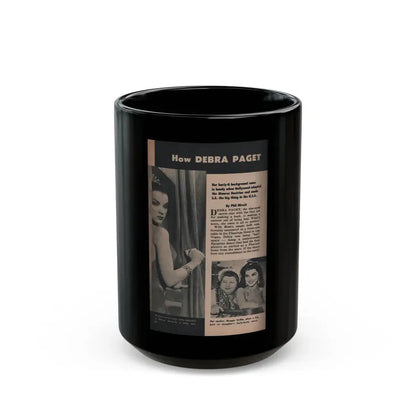 Debra Paget #484 - [Pages 88] Pages 1 of 6 with, Debbie+2 B&W Photos, Headline & Article from Scope Digest Mag. Nov. '55 (Vintage Female Icon) Black Coffee Mug 15oz - Go Mug Yourself