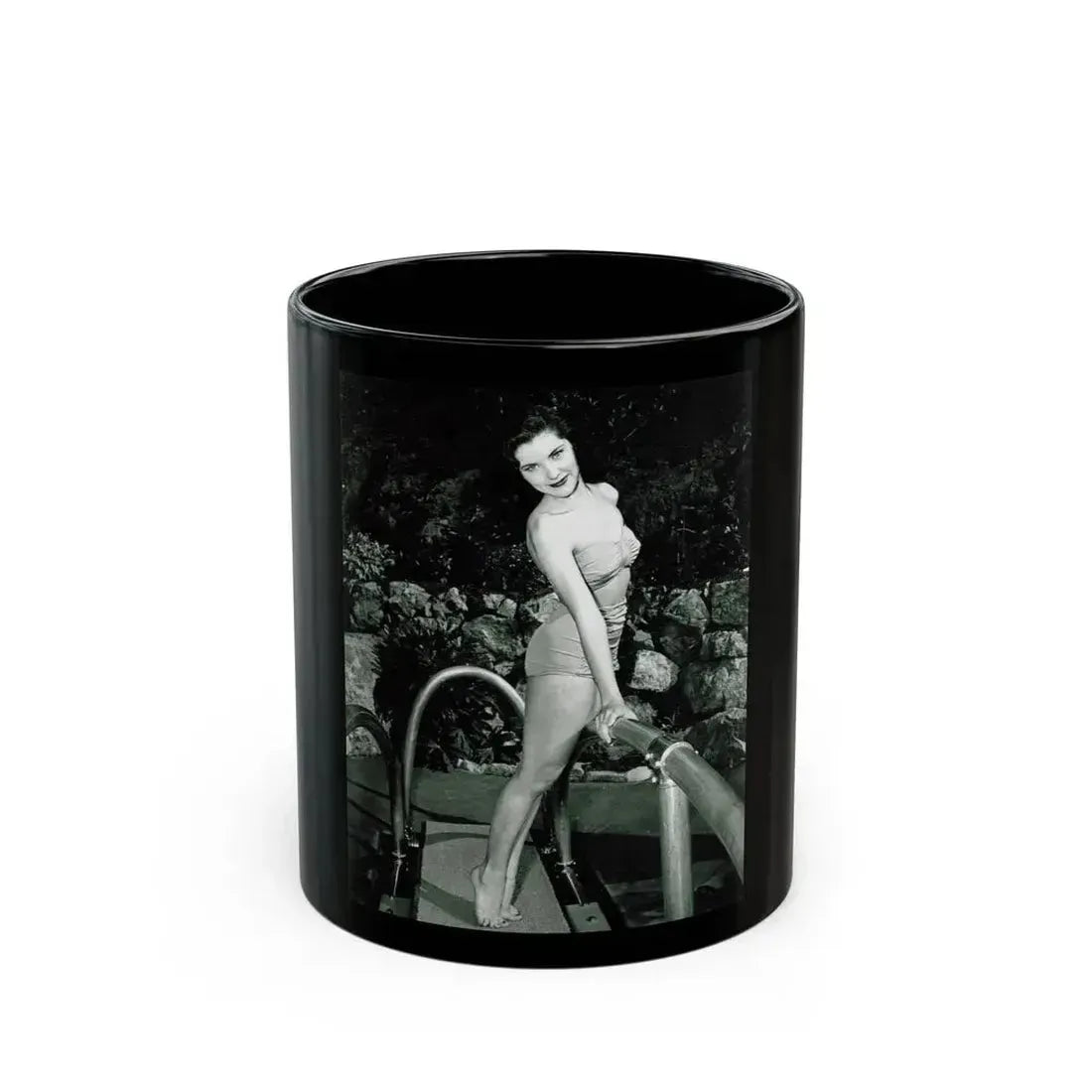 Debra Paget #625 - B&W 8x10 Full Body 2-Piece Swimsuit Leggy Barefoot Cheesecake Photo (Vintage Female Icon) Black Coffee Mug 11oz - Go Mug Yourself