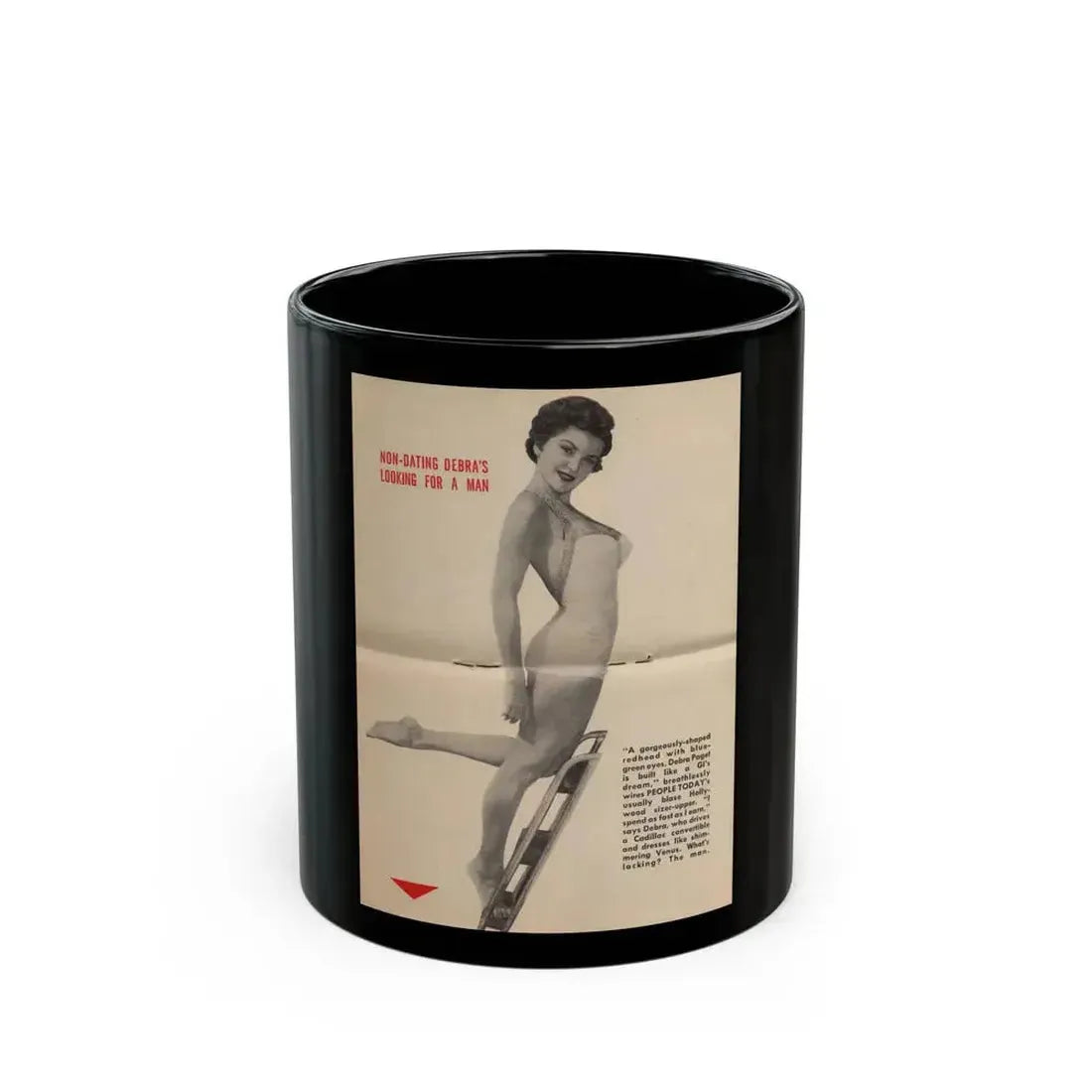 Debra Paget #676 - [Pages 30-34] Pages 3 & 4 of 5 Pages featuring, Debra 1 B&W Centerfold Photo & Caption from People Today Pocket Mag. 1-26-55 (Vintage Female Icon) Black Coffee Mug 11oz - Go Mug Yourself
