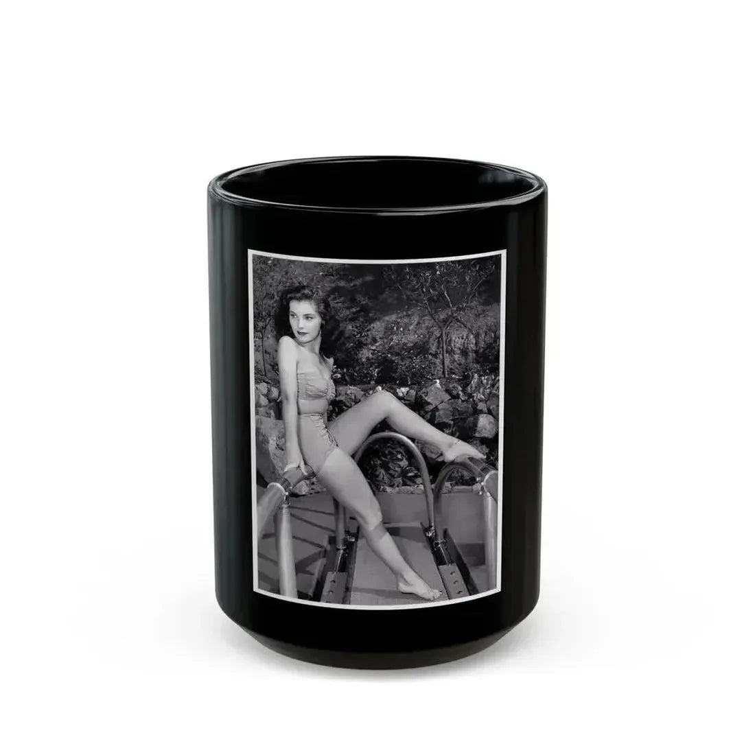 Debra Paget #718 B&W 8x10 Full Body 2-Piece Swimsuit Leggy Barefoot Cheesecake Photo (Vintage Female Icon) Black Coffee Mug 15oz - Go Mug Yourself