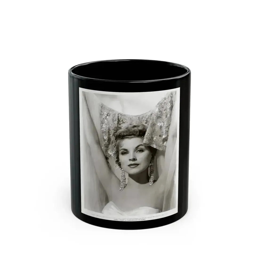 Debra Paget #758 - 8x10 Vintage B&W Glamour Portrait with hands in air from Paramount '57 (Vintage Female Icon) Black Coffee Mug 11oz - Go Mug Yourself