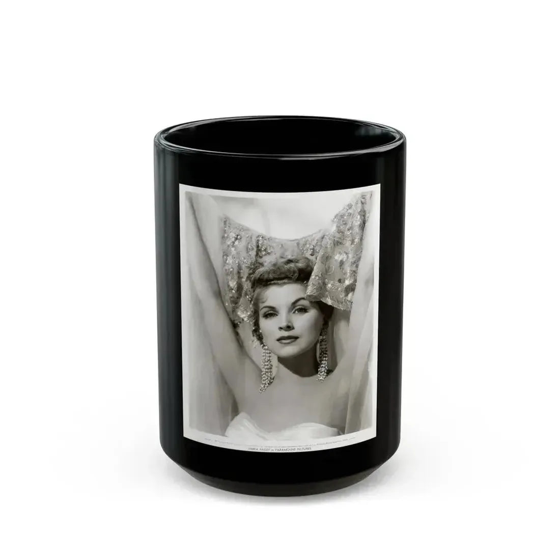 Debra Paget #758 - 8x10 Vintage B&W Glamour Portrait with hands in air from Paramount '57 (Vintage Female Icon) Black Coffee Mug 15oz - Go Mug Yourself