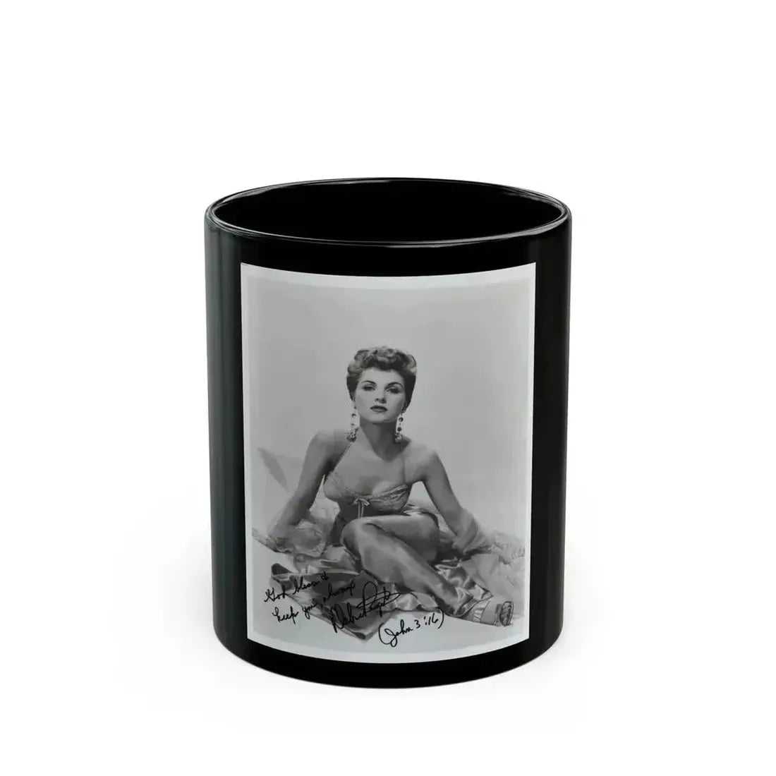 Debra Paget #775 - B&W 8x10 Full Body Glamour Dress Photo from 1957 autographed (Vintage Female Icon) Black Coffee Mug 11oz - Go Mug Yourself