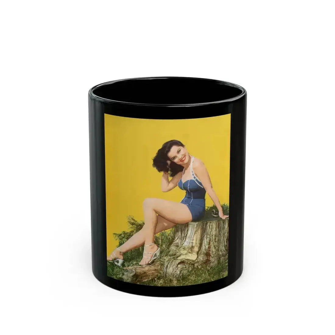 Debra Paget #776 - Vintage 8x11 Full Body 1-Piece Swimsuit Leggy White Open Wedges Cheesecake Pic on Mag. Page (Vintage Female Icon) Black Coffee Mug 11oz - Go Mug Yourself