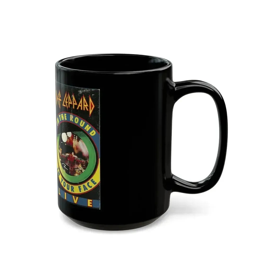 DEF LEPPARD LIVE IN THE ROUND IN YOUR FACE LIVE (VHS COVER) - Black Coffee Mug - Go Mug Yourself