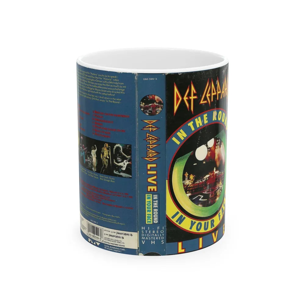 DEF LEPPARD LIVE IN THE ROUND IN YOUR FACE LIVE (VHS COVER) - White Coffee Mug-11oz-Go Mug Yourself