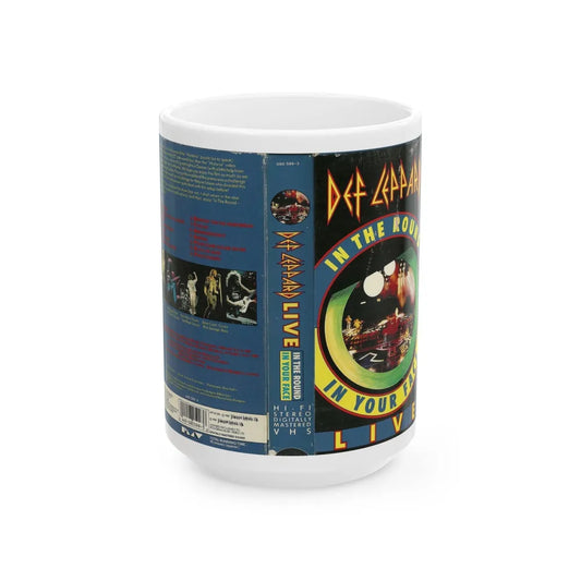 DEF LEPPARD LIVE IN THE ROUND IN YOUR FACE LIVE (VHS COVER) - White Coffee Mug-15oz-Go Mug Yourself