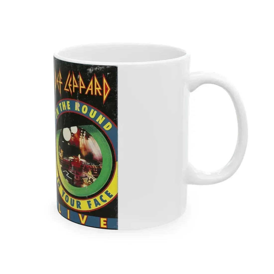 DEF LEPPARD LIVE IN THE ROUND IN YOUR FACE LIVE (VHS COVER) - White Coffee Mug - Go Mug Yourself