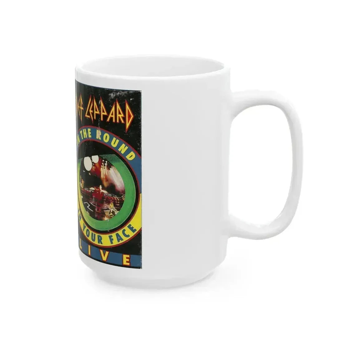 DEF LEPPARD LIVE IN THE ROUND IN YOUR FACE LIVE (VHS COVER) - White Coffee Mug - Go Mug Yourself