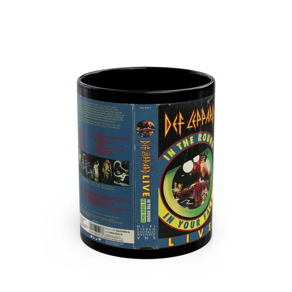 DEF LEPPARD LIVE IN THE ROUND IN YOUR FACE (VHS COVER) - Black Coffee Mug-11oz-Go Mug Yourself