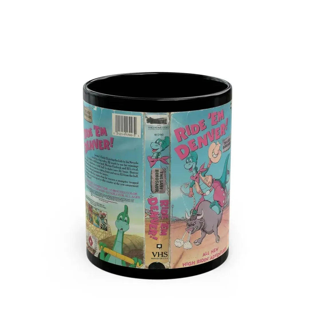 DENVER THE LAST DINOSAUR RIDE EM DENVER CARTOON (VHS COVER) - Black Coffee Mug 11oz - Go Mug Yourself
