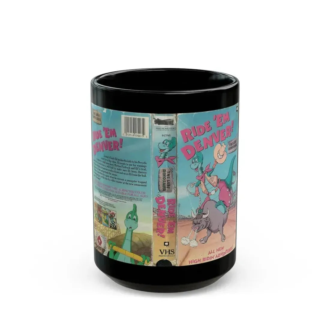 DENVER THE LAST DINOSAUR RIDE EM DENVER CARTOON (VHS COVER) - Black Coffee Mug 15oz - Go Mug Yourself