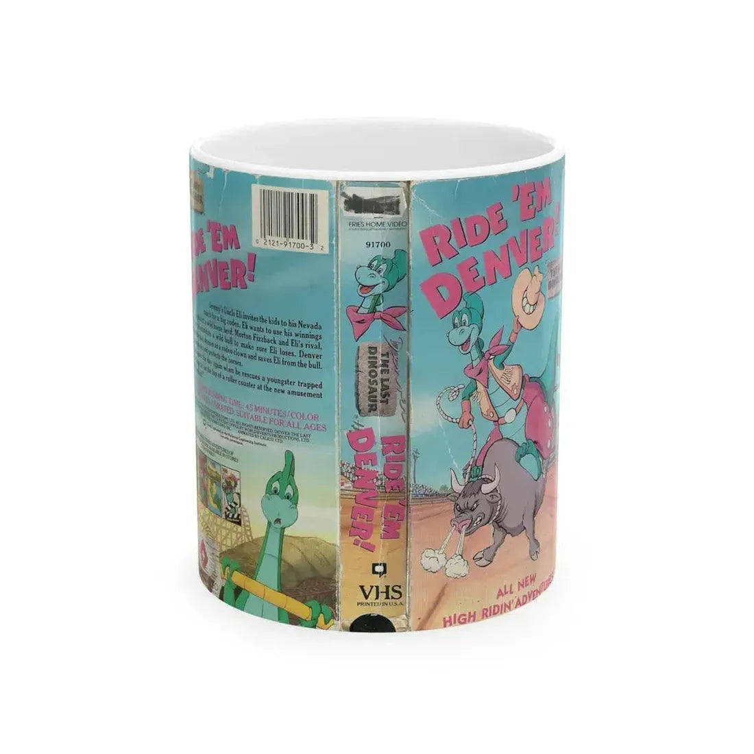 DENVER THE LAST DINOSAUR RIDE EM DENVER CARTOON (VHS COVER) - White Coffee Mug 11oz - Go Mug Yourself