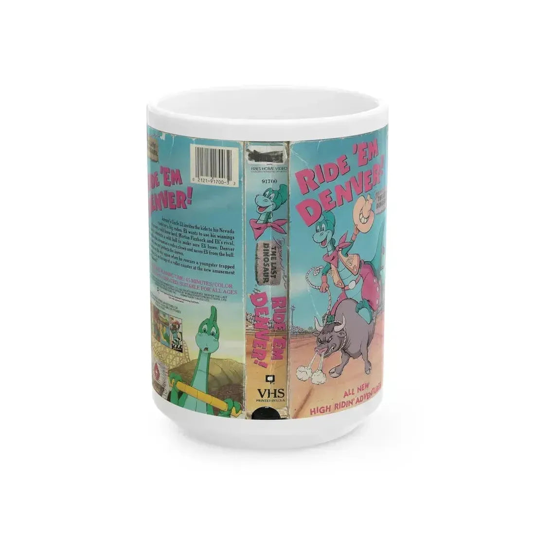 DENVER THE LAST DINOSAUR RIDE EM DENVER CARTOON (VHS COVER) - White Coffee Mug 15oz - Go Mug Yourself