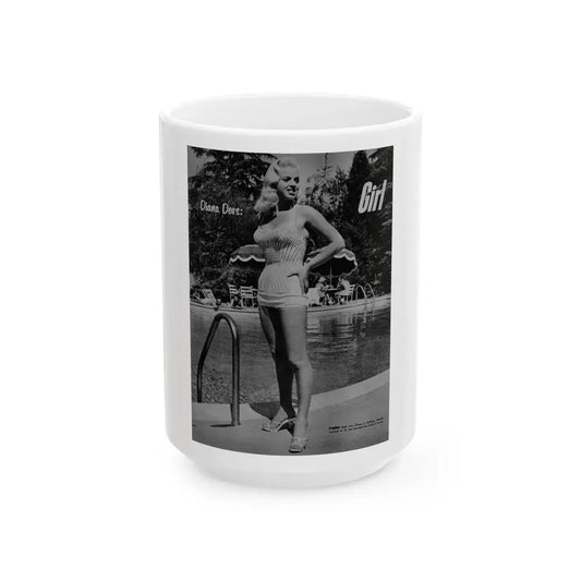 Diana Dors #213 - Vintage B&W 8.5x10.5 Pin-Up Photo with, Headline & Caption from Pin-Up or Movie Star Magazine Circa 1950's 1 (Vintage Female Icon) White Coffee Mug 15oz - Go Mug Yourself