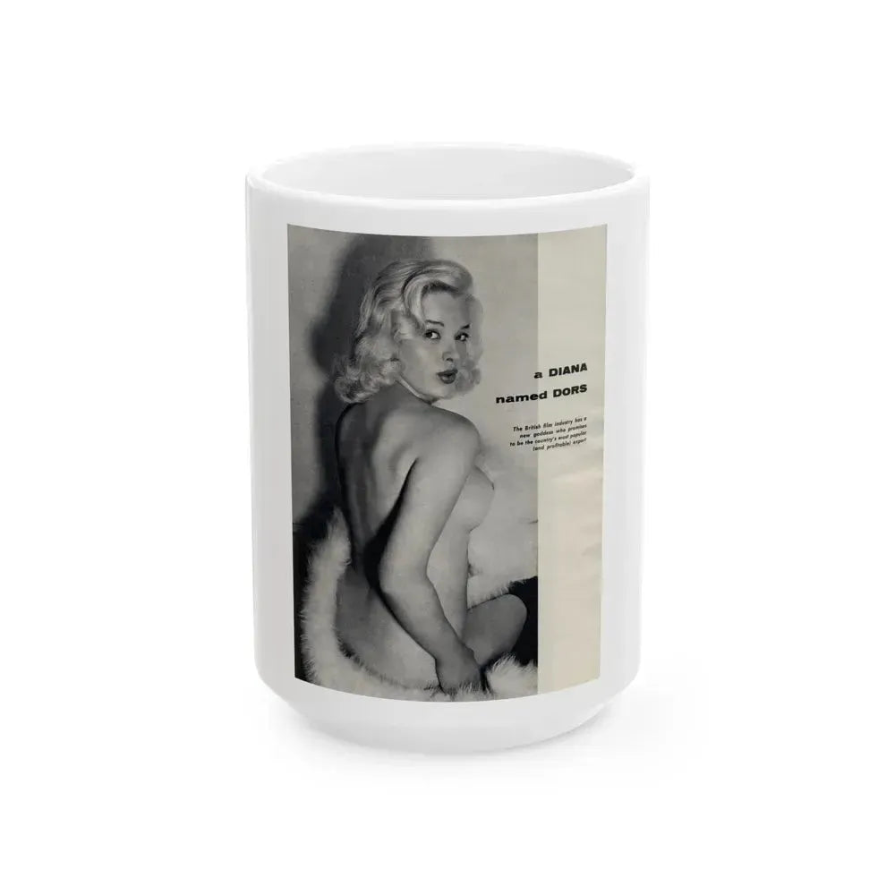 Diana Dors #218 - Pages 1 of 3 with 1 nude B&W Photo partially covered from Nugget Magazine May '56 (Vintage Female Icon) White Coffee Mug 15oz - Go Mug Yourself