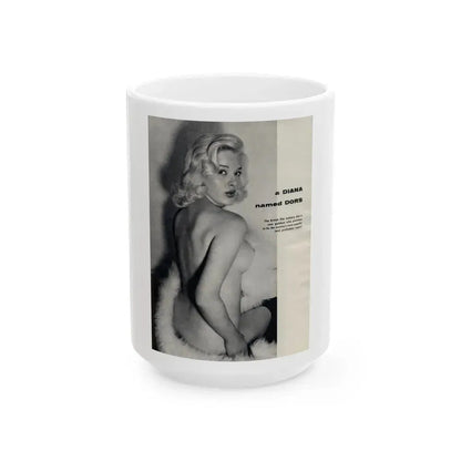 Diana Dors #218 - Pages 1 of 3 with 1 nude B&W Photo partially covered from Nugget Magazine May '56 (Vintage Female Icon) White Coffee Mug 15oz - Go Mug Yourself