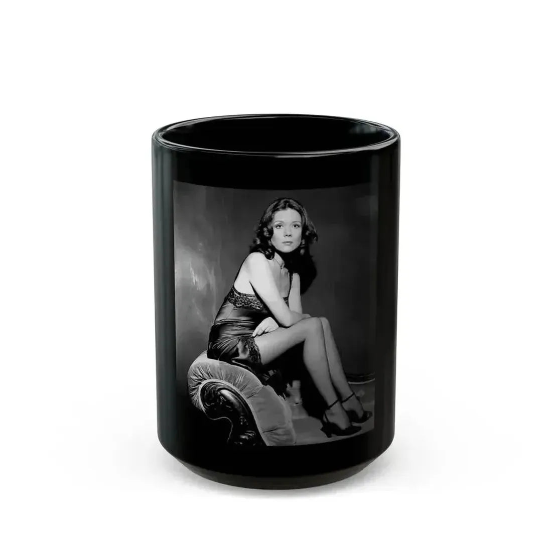 Diana Rigg #42 (Vintage Female Icon) Black Coffee Mug 15oz - Go Mug Yourself