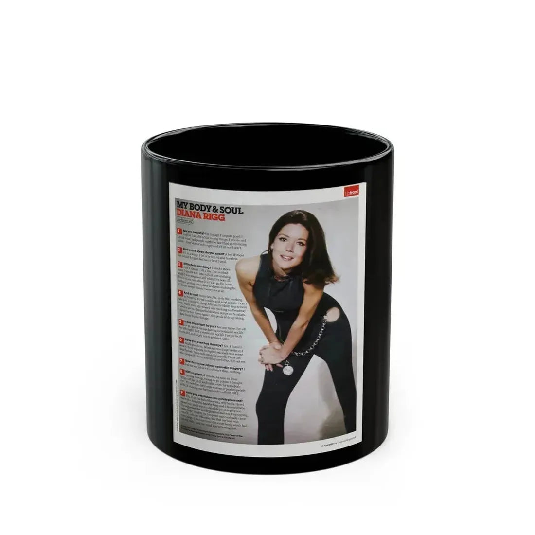 Diana Rigg #57 (Vintage Female Icon) Black Coffee Mug 11oz - Go Mug Yourself