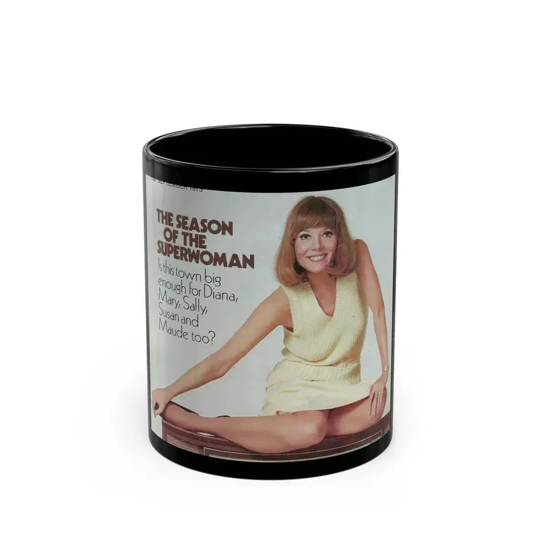 Diana Rigg #58 (Vintage Female Icon) Black Coffee Mug 11oz - Go Mug Yourself