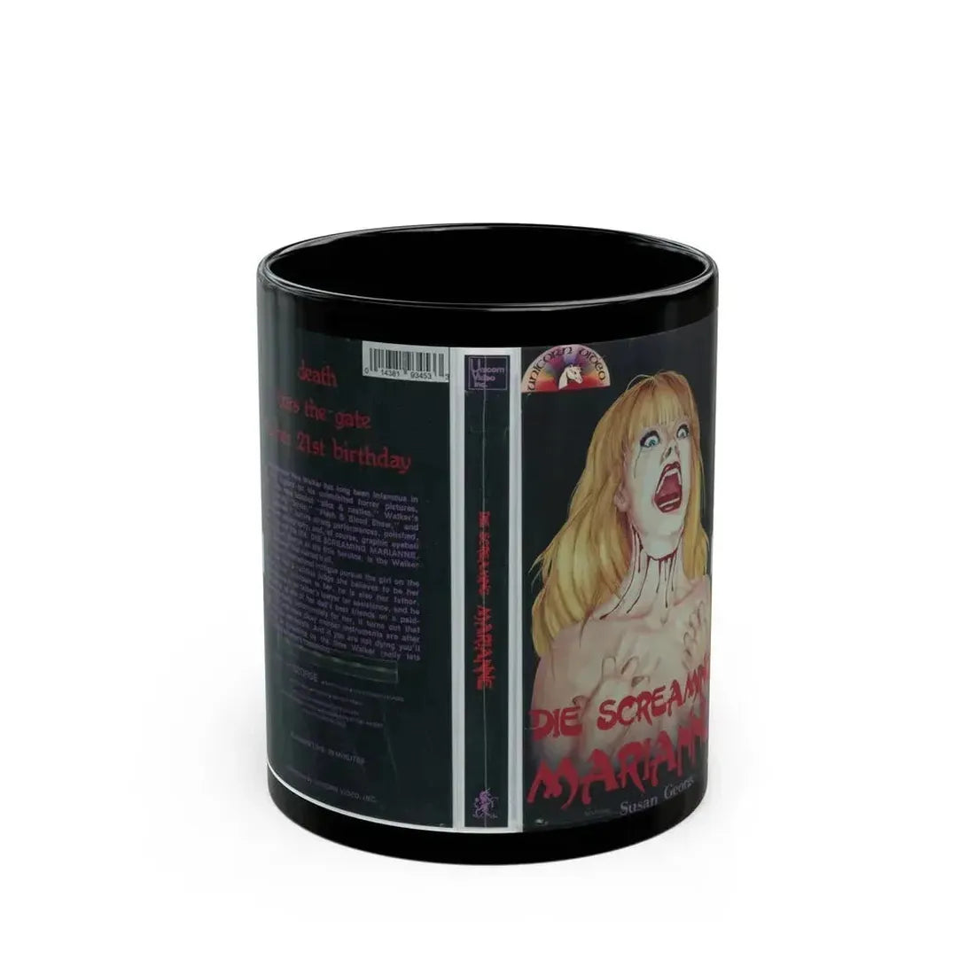 DIE SCREAMING MARIANNE UNICORN VIDEO (VHS COVER) - Black Coffee Mug 11oz - Go Mug Yourself