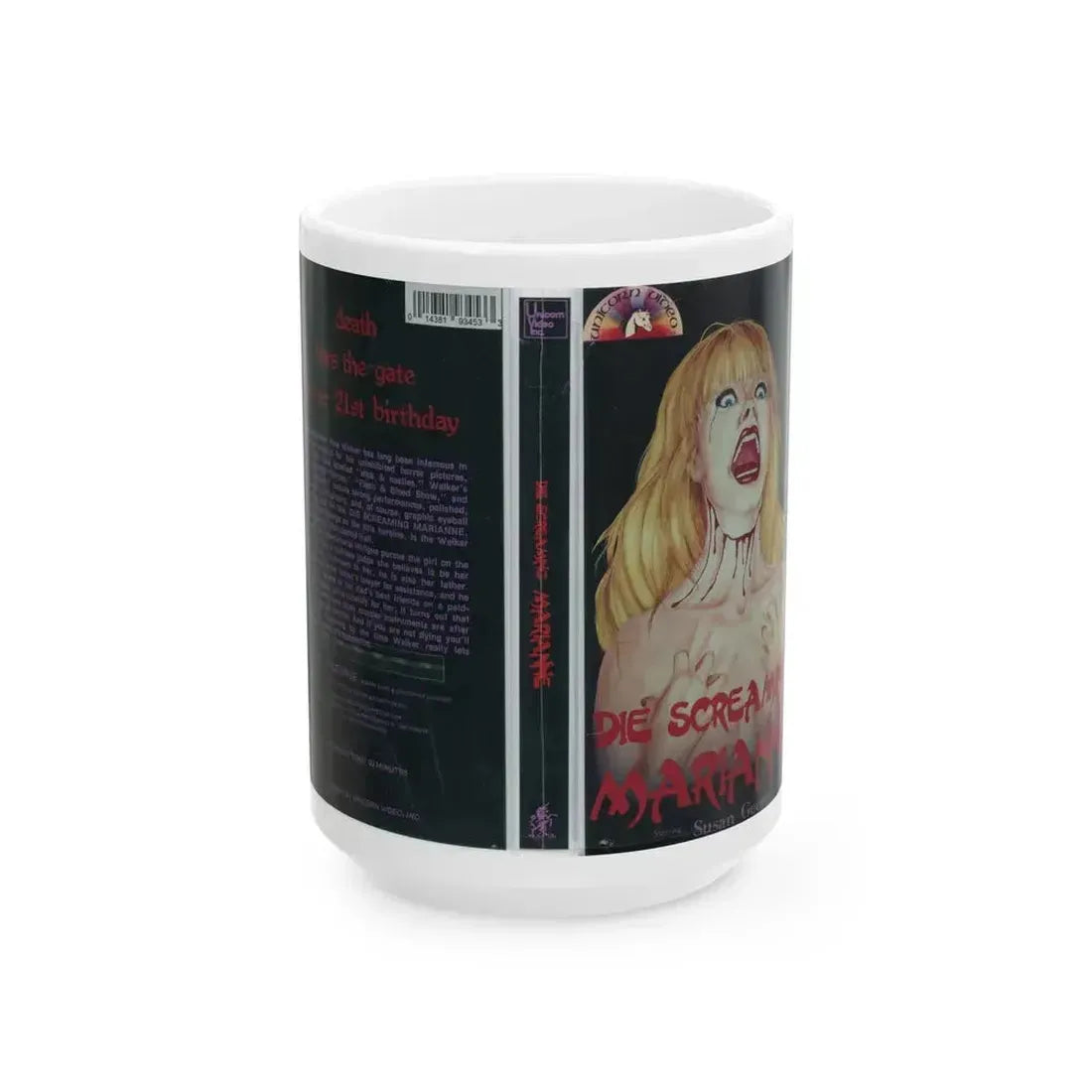 DIE SCREAMING MARIANNE UNICORN VIDEO (VHS COVER) - White Coffee Mug 15oz - Go Mug Yourself