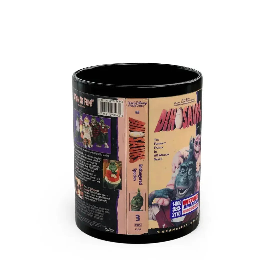 DINOSAURS ENDANGERED SPECIES (VHS COVER) - Black Coffee Mug 11oz - Go Mug Yourself