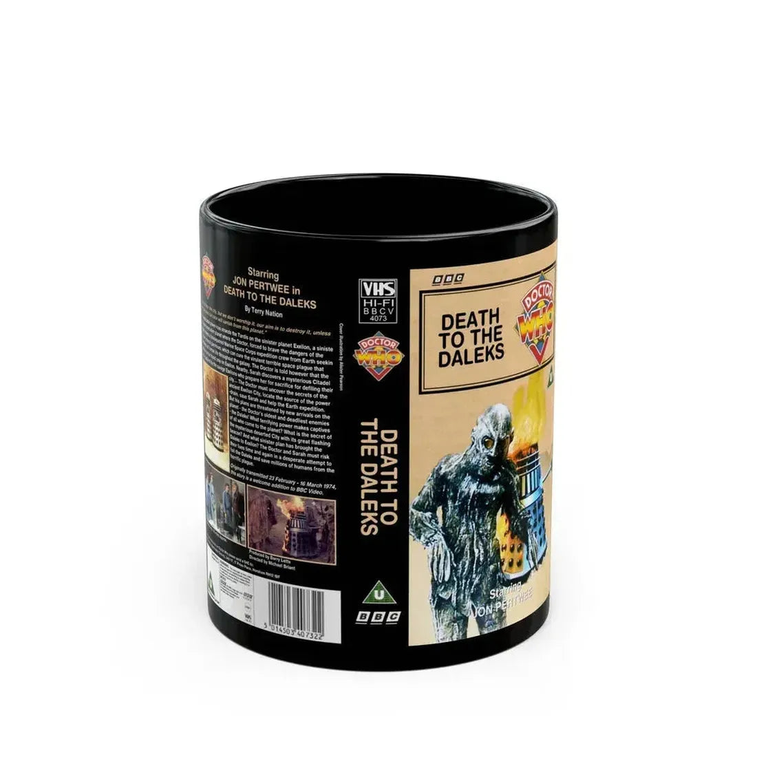 DOCTOR WHO DEATH TO THE DALEKS JON PERTWEE (VHS COVER) - Black Coffee Mug 11oz - Go Mug Yourself