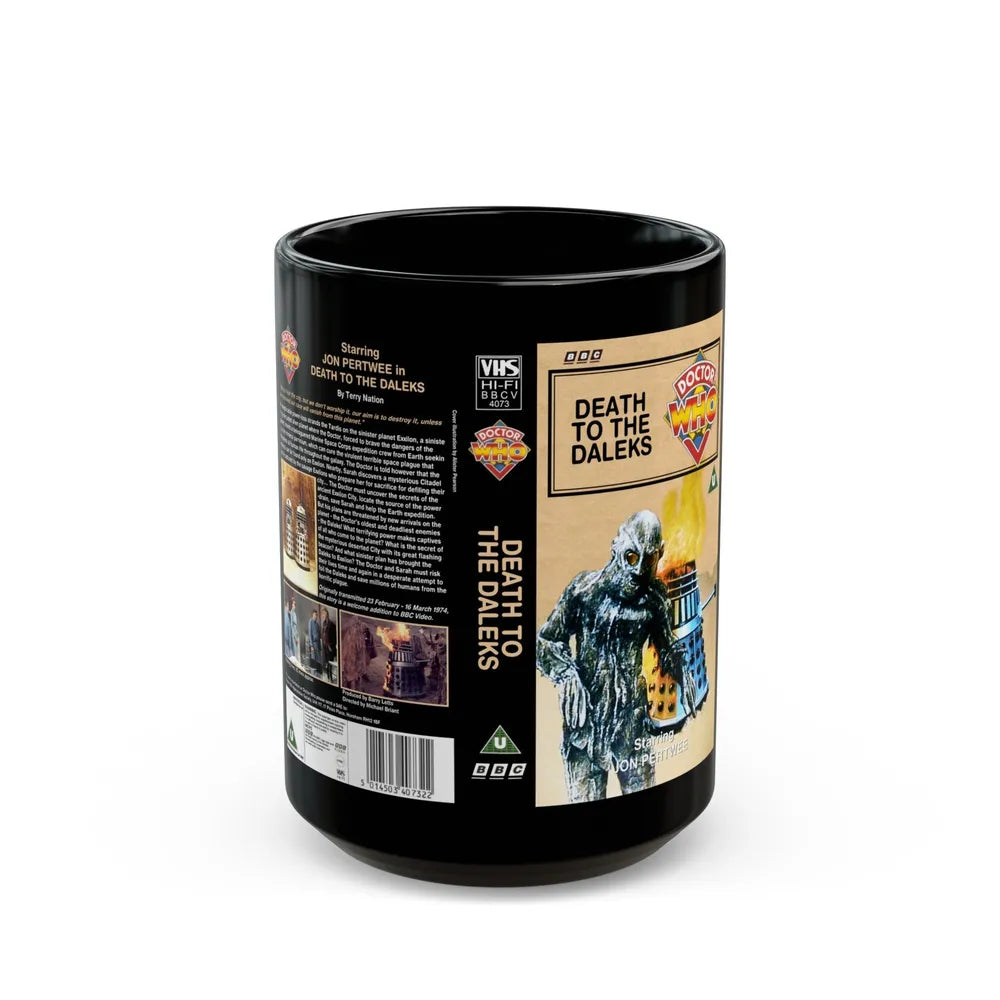 DOCTOR WHO DEATH TO THE DALEKS JON PERTWEE (VHS COVER) - Black Coffee Mug-15oz-Go Mug Yourself