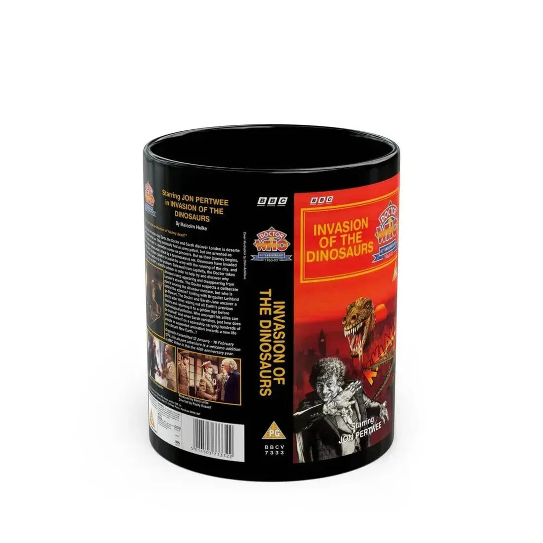 DOCTOR WHO INVASION OF THE DINOSAURS (VHS COVER) - Black Coffee Mug 11oz - Go Mug Yourself