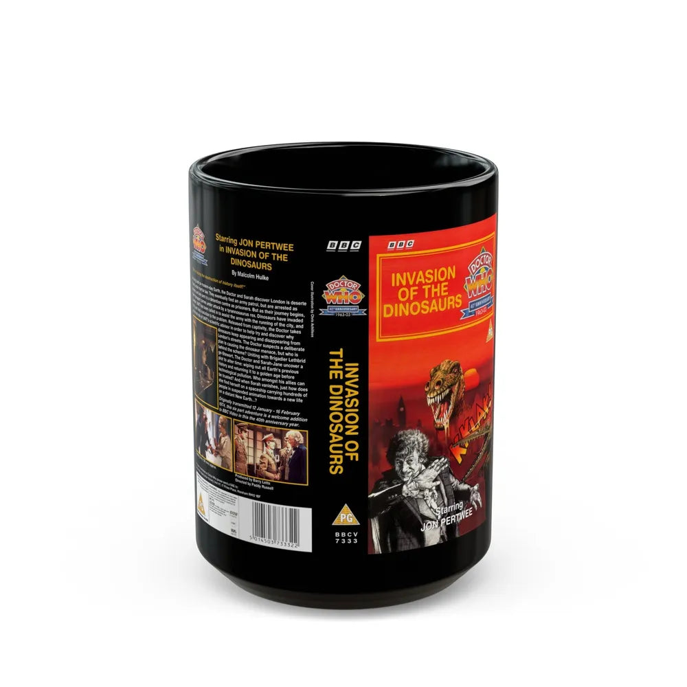 DOCTOR WHO INVASION OF THE DINOSAURS (VHS COVER) - Black Coffee Mug-15oz-Go Mug Yourself