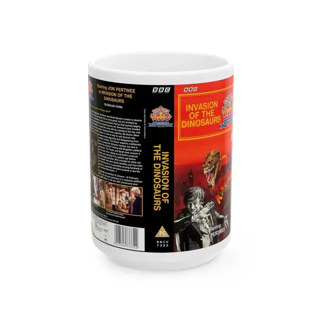 DOCTOR WHO INVASION OF THE DINOSAURS (VHS COVER) - White Coffee Mug 15oz - Go Mug Yourself