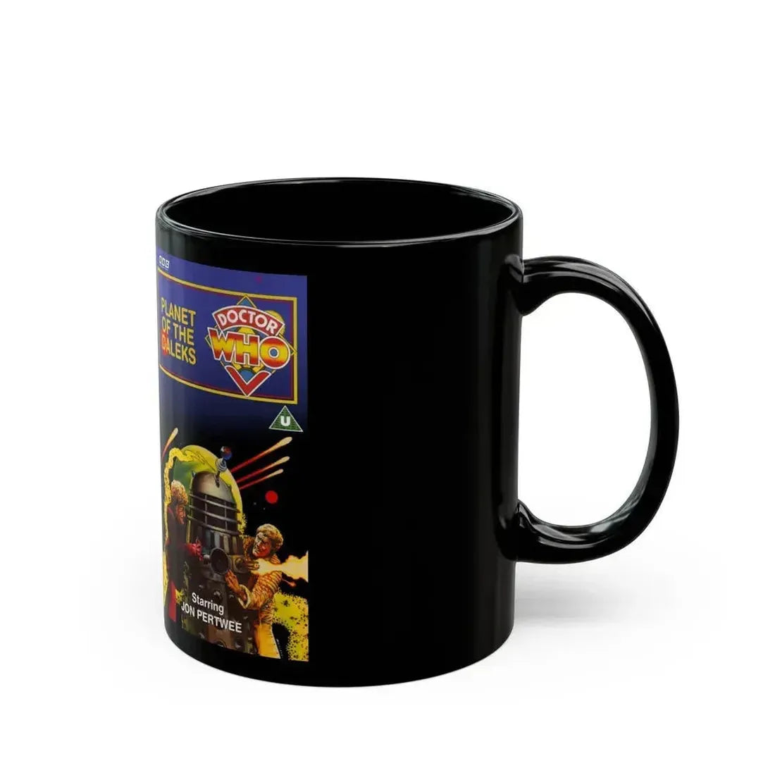DOCTOR WHO PLANET OF THE DALEKS JON PERTWEE (VHS COVER) - Black Coffee Mug - Go Mug Yourself