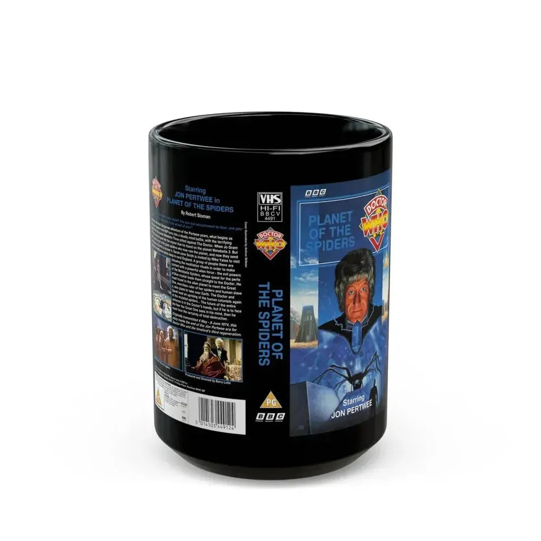 DOCTOR WHO PLANET OF THE SPIDERS JON PERTWEE (VHS COVER) - Black Coffee Mug 15oz - Go Mug Yourself