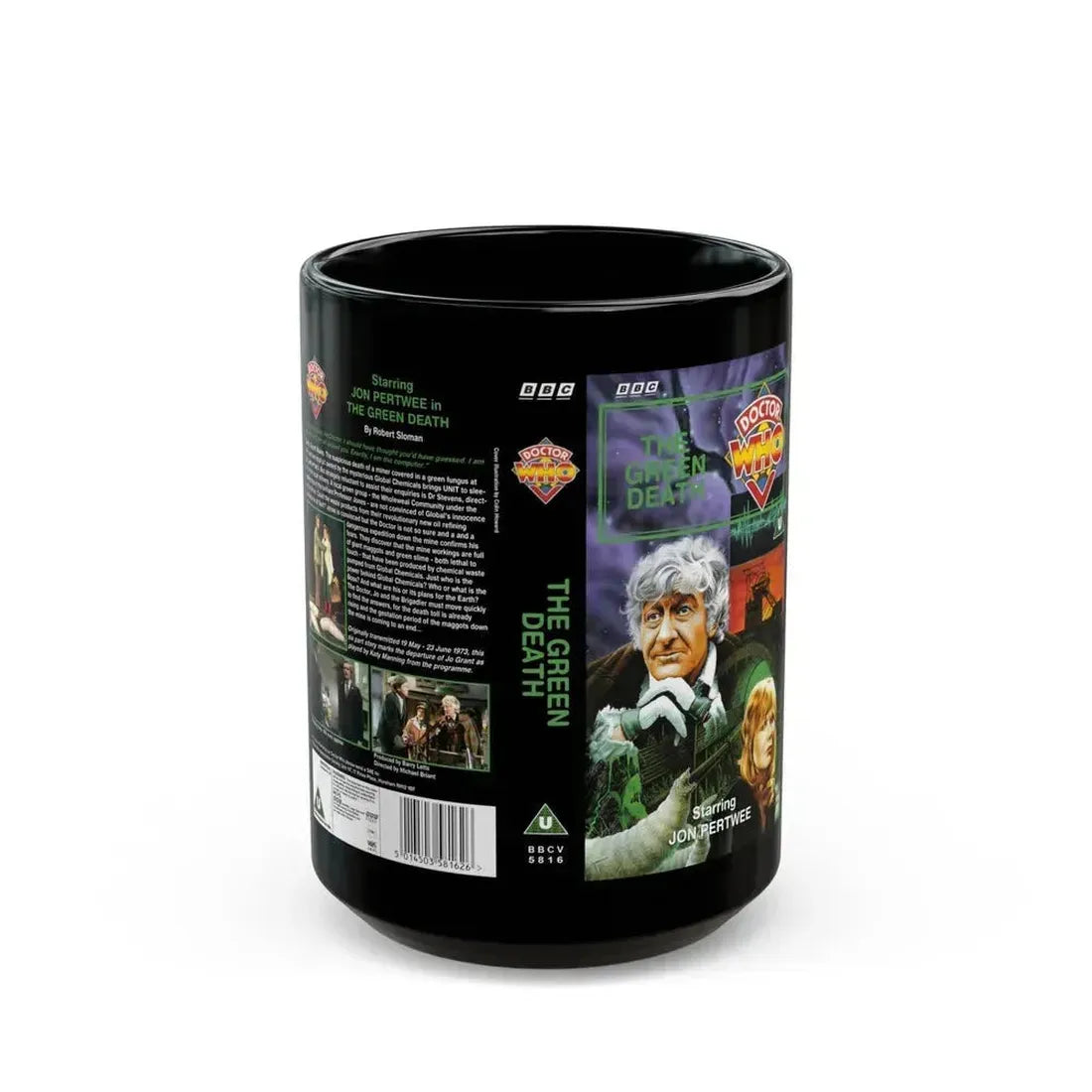 DOCTOR WHO THE GREEN DEATH (VHS COVER) - Black Coffee Mug 15oz - Go Mug Yourself