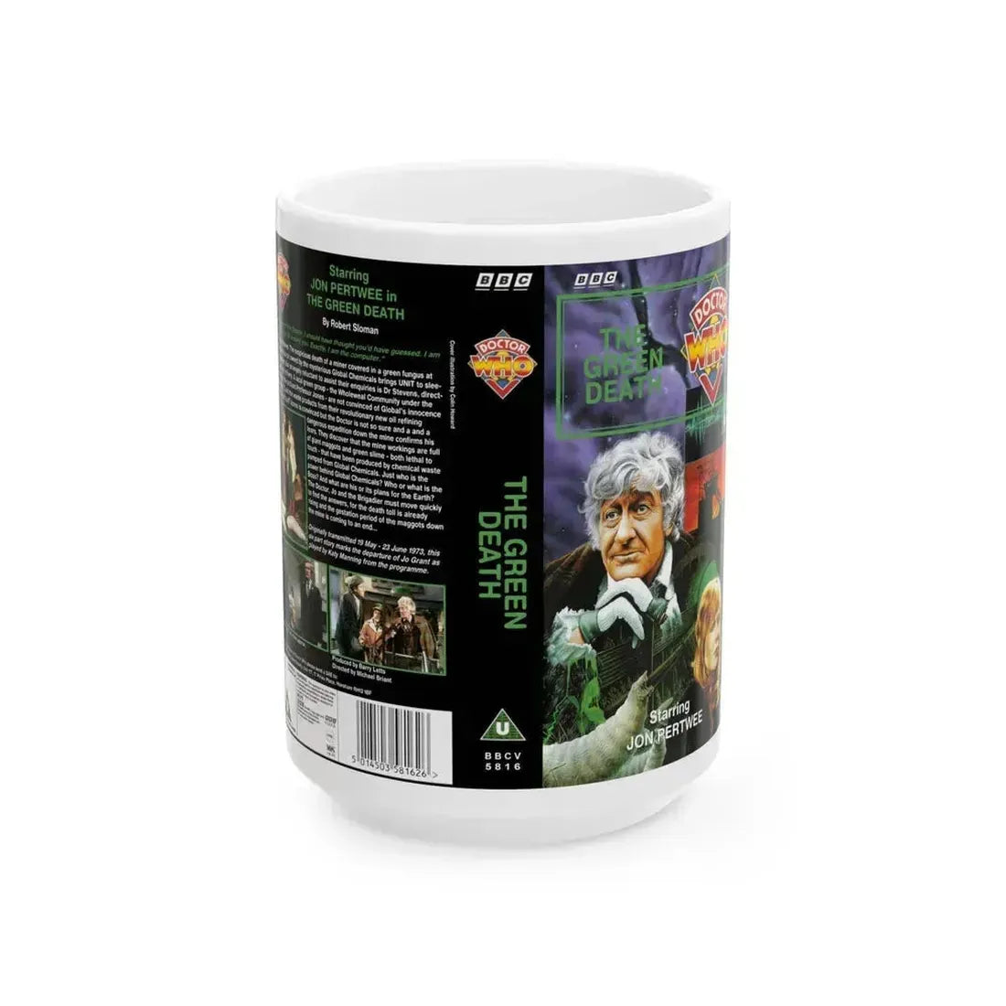 DOCTOR WHO THE GREEN DEATH (VHS COVER) - White Coffee Mug 15oz - Go Mug Yourself