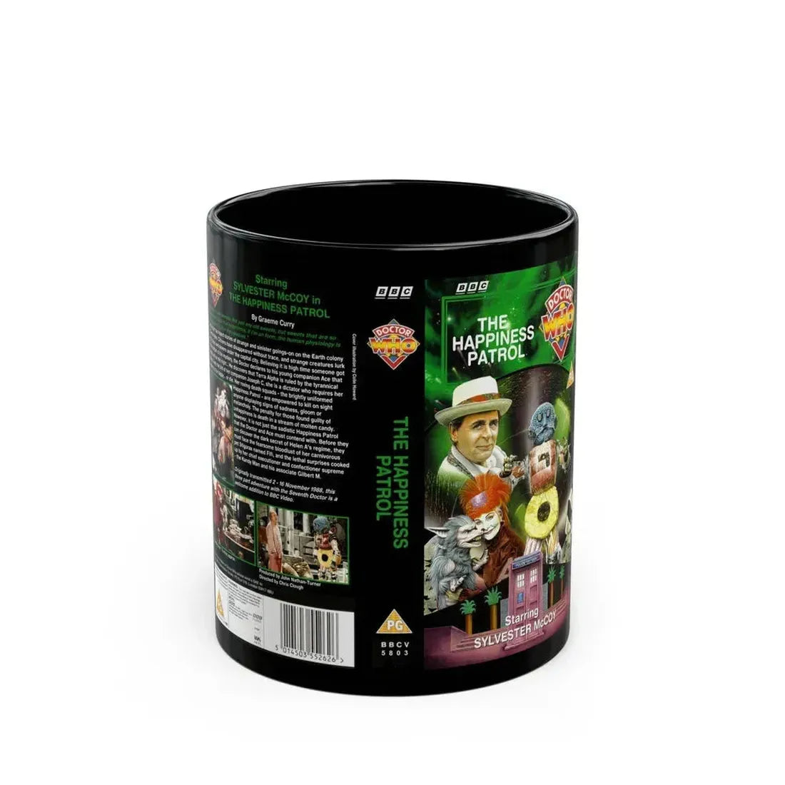 DOCTOR WHO THE HAPPINESS PATROL (VHS COVER) - Black Coffee Mug 11oz - Go Mug Yourself
